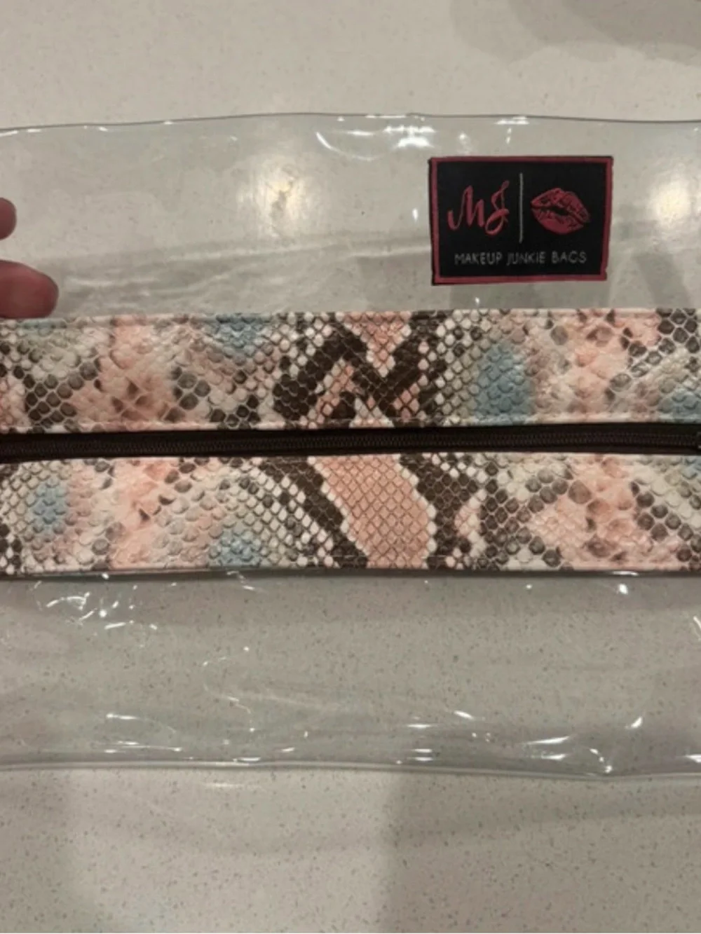 Makeup Junkie Bags Clear Cosmetic Pouch with Pink Snake-Print Trim